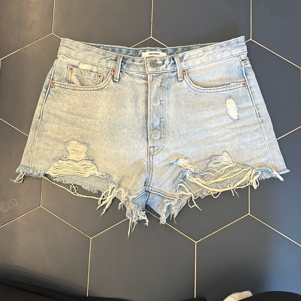 GRLFRND Blue Distressed Jean Shorts High-Waisted